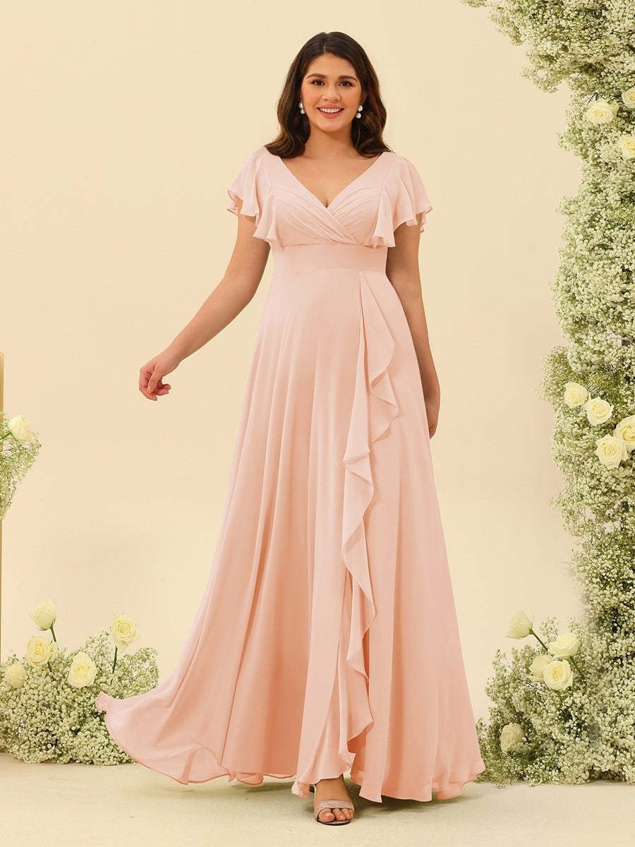 Plus Size V-Neck A-Line Bridesmaid Dresses with Ruffles and Princess Silhouette