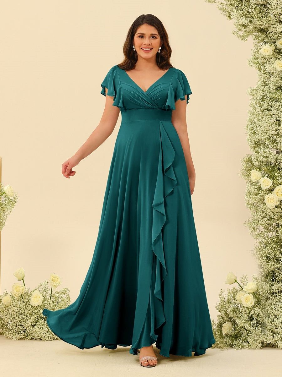 Plus Size V-Neck A-Line Bridesmaid Dresses with Ruffles and Princess Silhouette