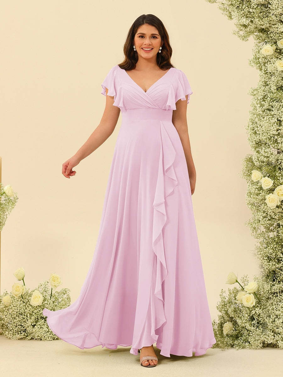 Plus Size V-Neck A-Line Bridesmaid Dresses with Ruffles and Princess Silhouette