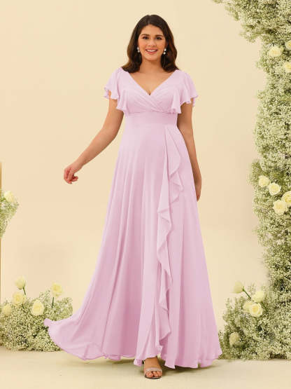 Plus Size V-Neck A-Line Bridesmaid Dresses with Ruffles and Princess Silhouette