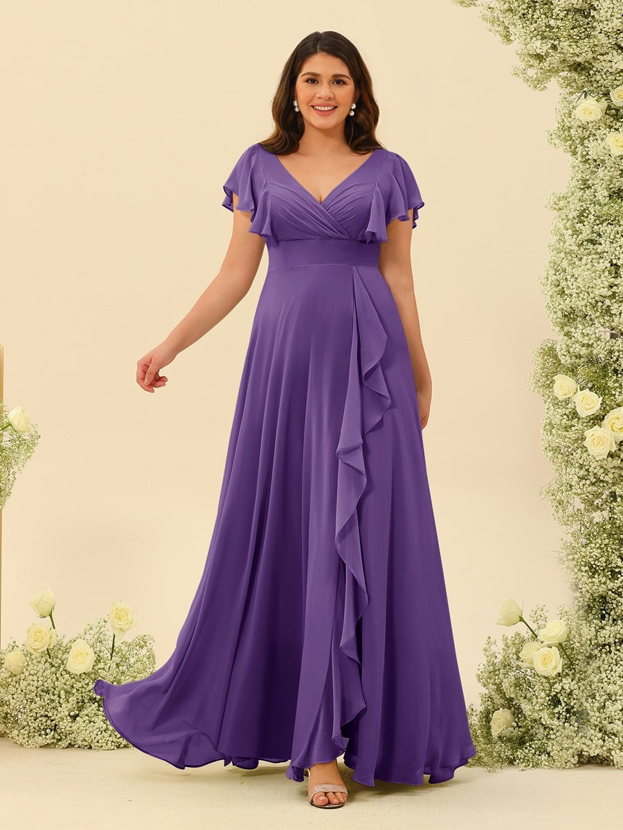 Plus Size V-Neck A-Line Bridesmaid Dresses with Ruffles and Princess Silhouette