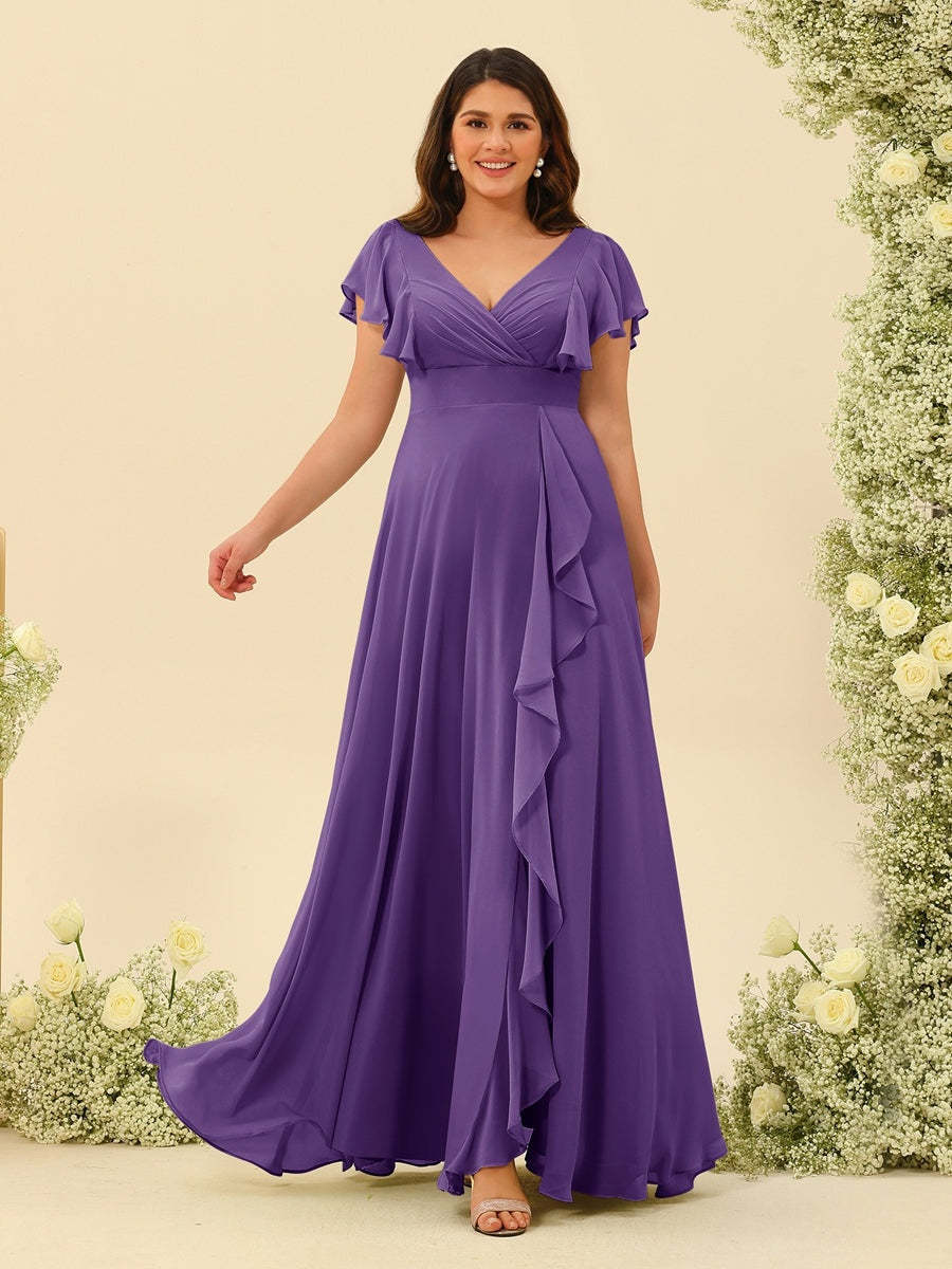 Plus Size V-Neck A-Line Bridesmaid Dresses with Ruffles and Princess Silhouette
