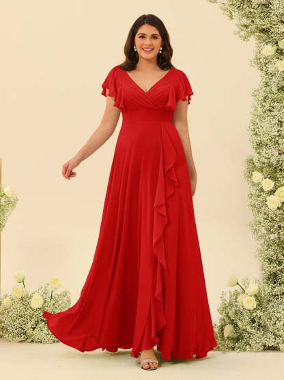 Plus Size V-Neck A-Line Bridesmaid Dresses with Ruffles and Princess Silhouette