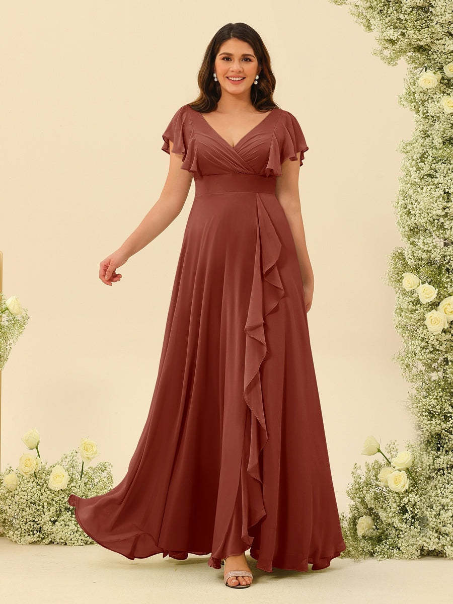 Plus Size V-Neck A-Line Bridesmaid Dresses with Ruffles and Princess Silhouette