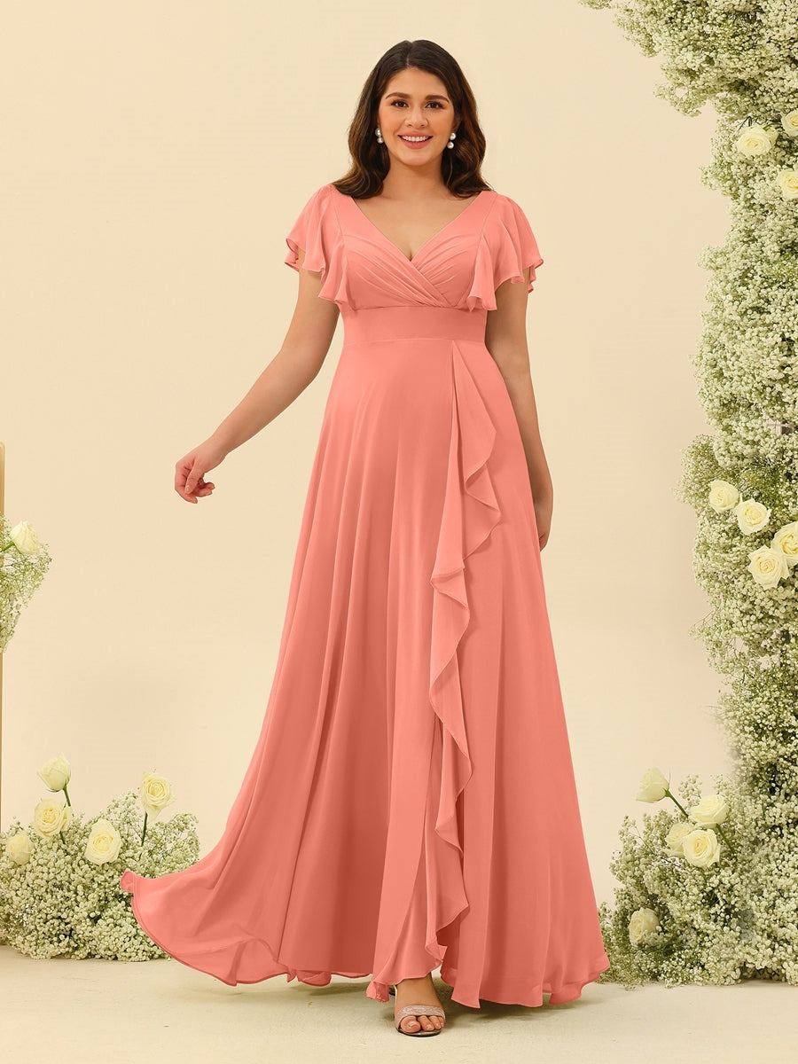 Plus Size V-Neck A-Line Bridesmaid Dresses with Ruffles and Princess Silhouette