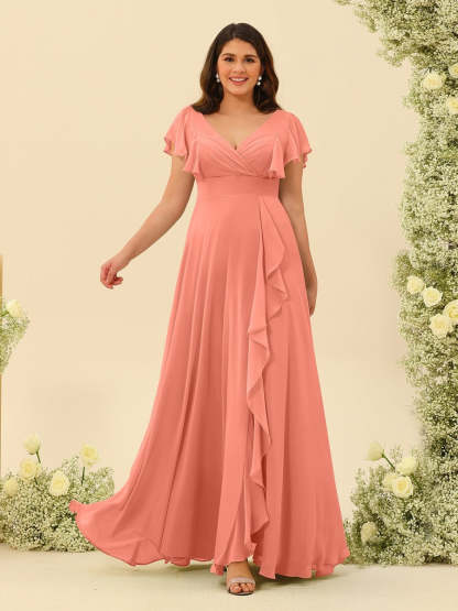 Plus Size V-Neck A-Line Bridesmaid Dresses with Ruffles and Princess Silhouette