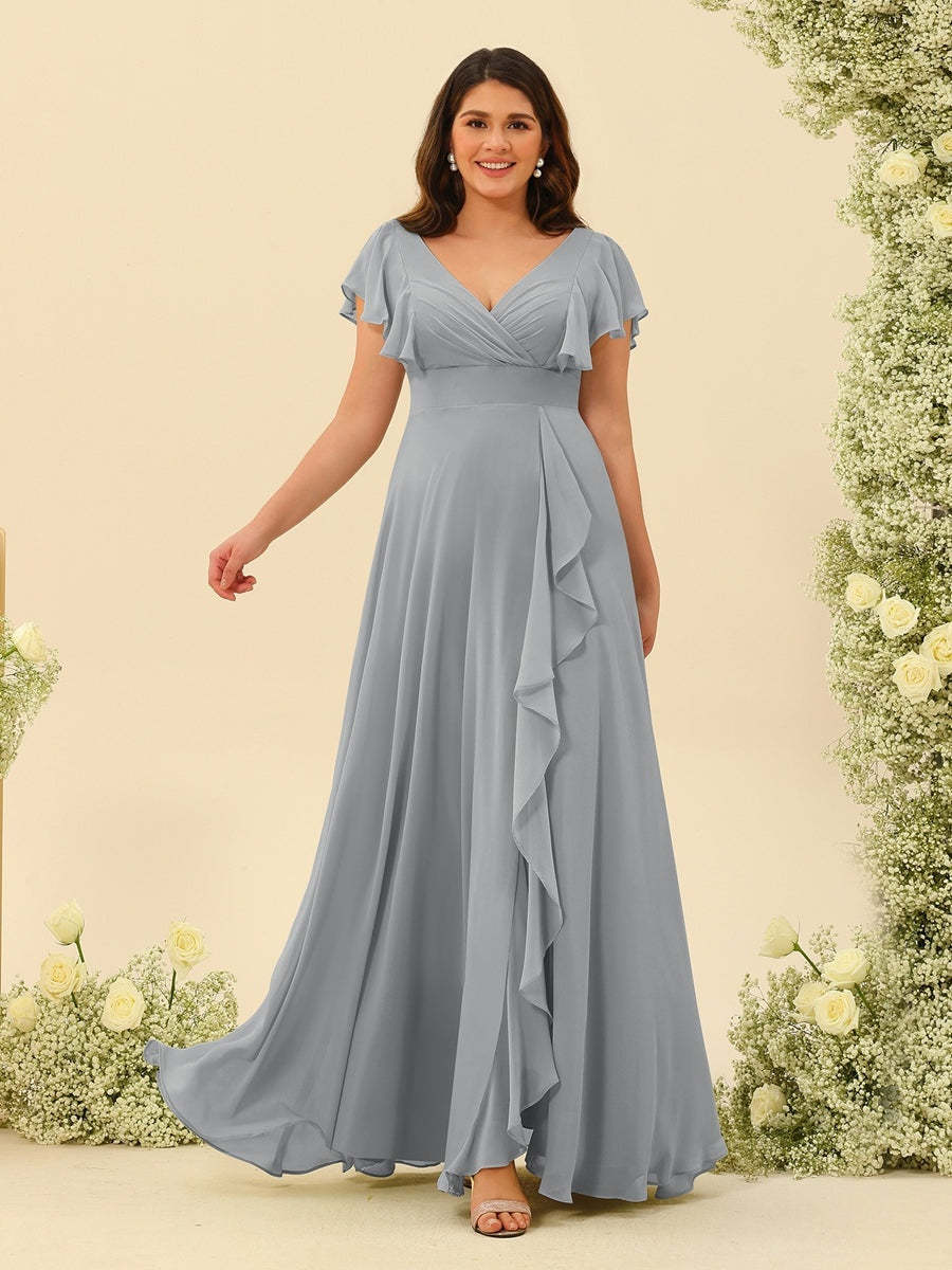 Plus Size V-Neck A-Line Bridesmaid Dresses with Ruffles and Princess Silhouette