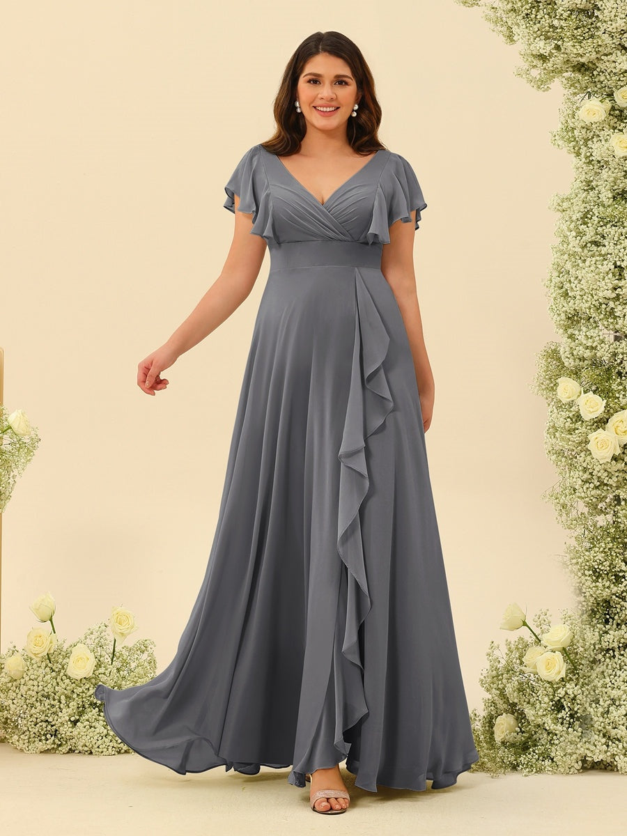 Plus Size V-Neck A-Line Bridesmaid Dresses with Ruffles and Princess Silhouette