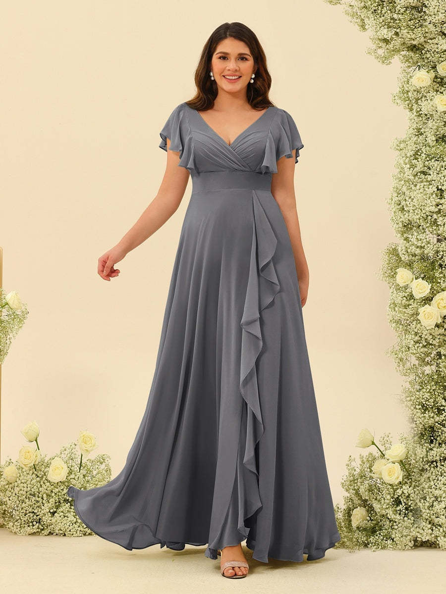 Plus Size V-Neck A-Line Bridesmaid Dresses with Ruffles and Princess Silhouette