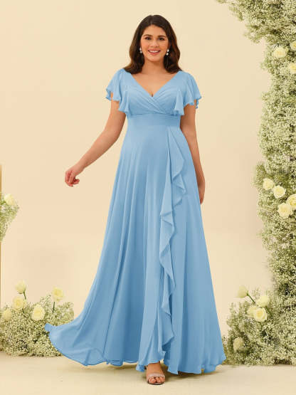 Plus Size V-Neck A-Line Bridesmaid Dresses with Ruffles and Princess Silhouette