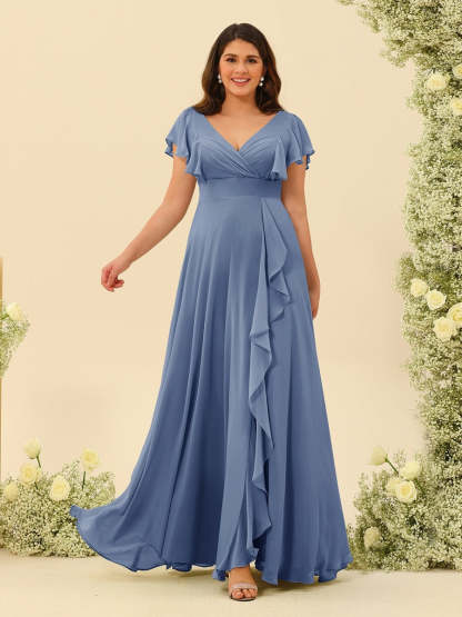 Plus Size V-Neck A-Line Bridesmaid Dresses with Ruffles and Princess Silhouette