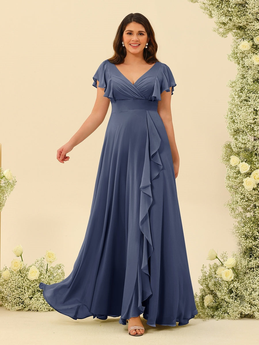 Plus Size V-Neck A-Line Bridesmaid Dresses with Ruffles and Princess Silhouette