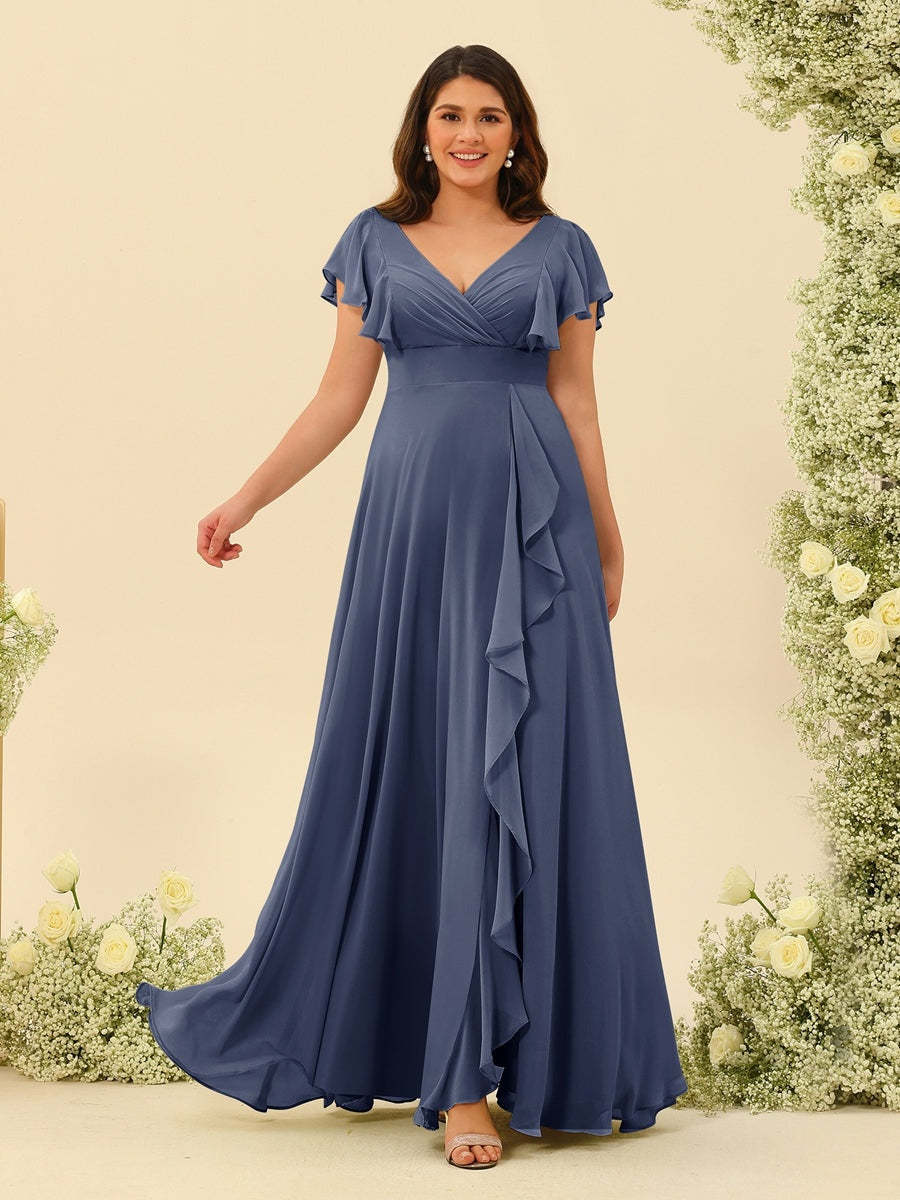 Plus Size V-Neck A-Line Bridesmaid Dresses with Ruffles and Princess Silhouette