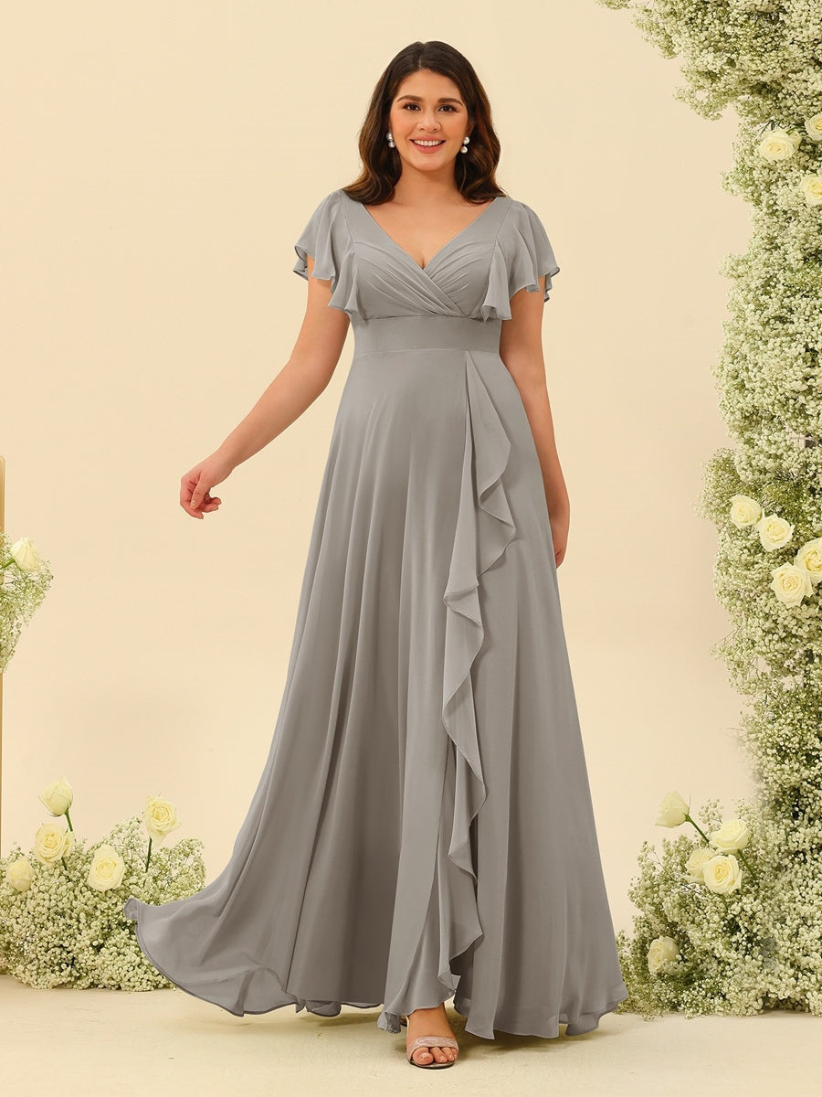 Plus Size V-Neck A-Line Bridesmaid Dresses with Ruffles and Princess Silhouette