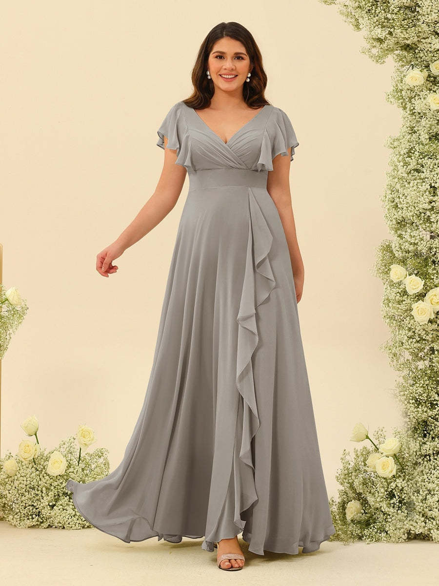 Plus Size V-Neck A-Line Bridesmaid Dresses with Ruffles and Princess Silhouette