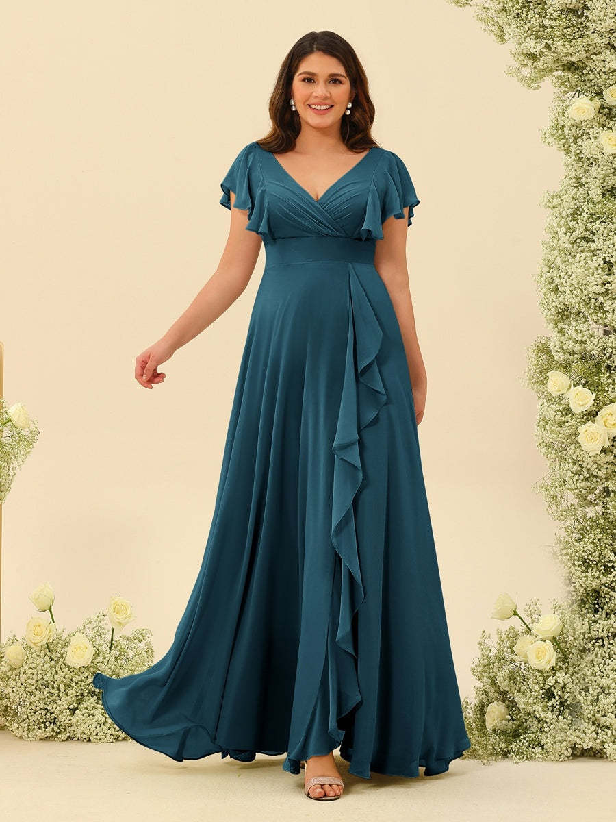 Plus Size V-Neck A-Line Bridesmaid Dresses with Ruffles and Princess Silhouette