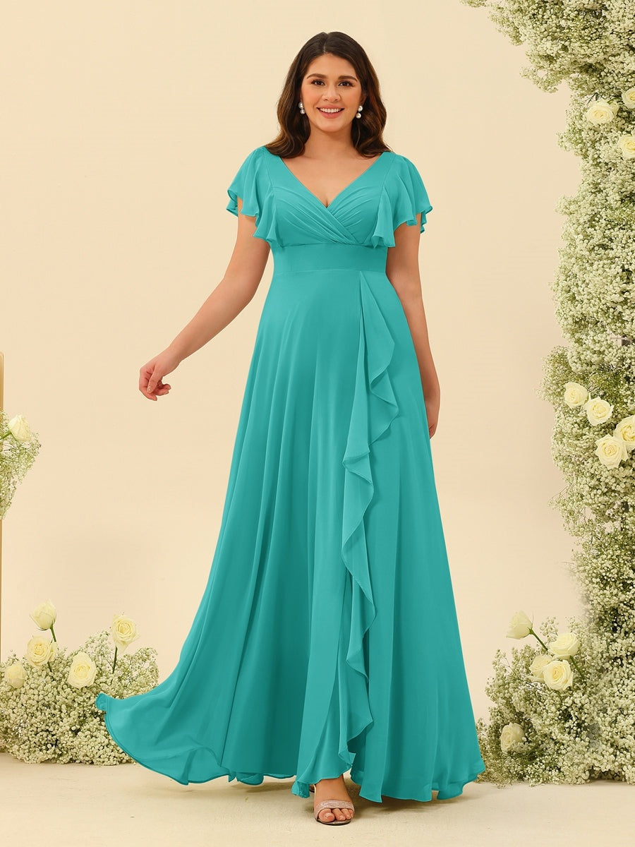 Plus Size V-Neck A-Line Bridesmaid Dresses with Ruffles and Princess Silhouette