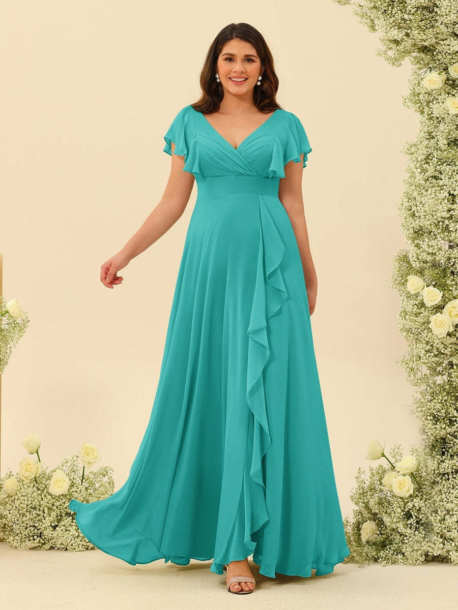 Plus Size V-Neck A-Line Bridesmaid Dresses with Ruffles and Princess Silhouette