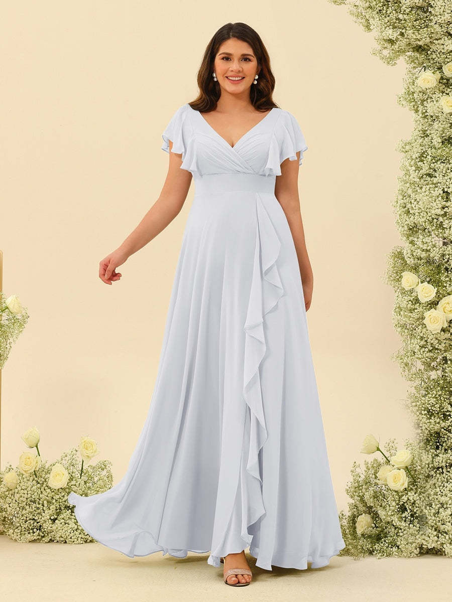 Plus Size V-Neck A-Line Bridesmaid Dresses with Ruffles and Princess Silhouette
