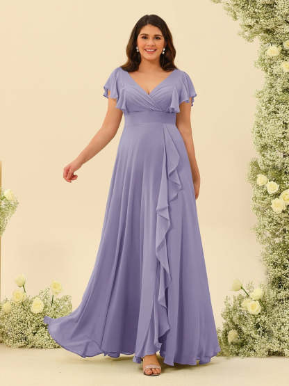 Plus Size V-Neck A-Line Bridesmaid Dresses with Ruffles and Princess Silhouette