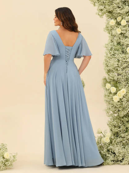 Plus Size Chiffon Bridesmaid Dress with V-Neck and Side Split in A-Line Cut