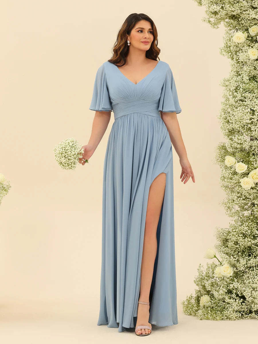 V-Neck A-Line Chiffon Bridesmaid Dress with Half Sleeves, Side Split, and Pockets