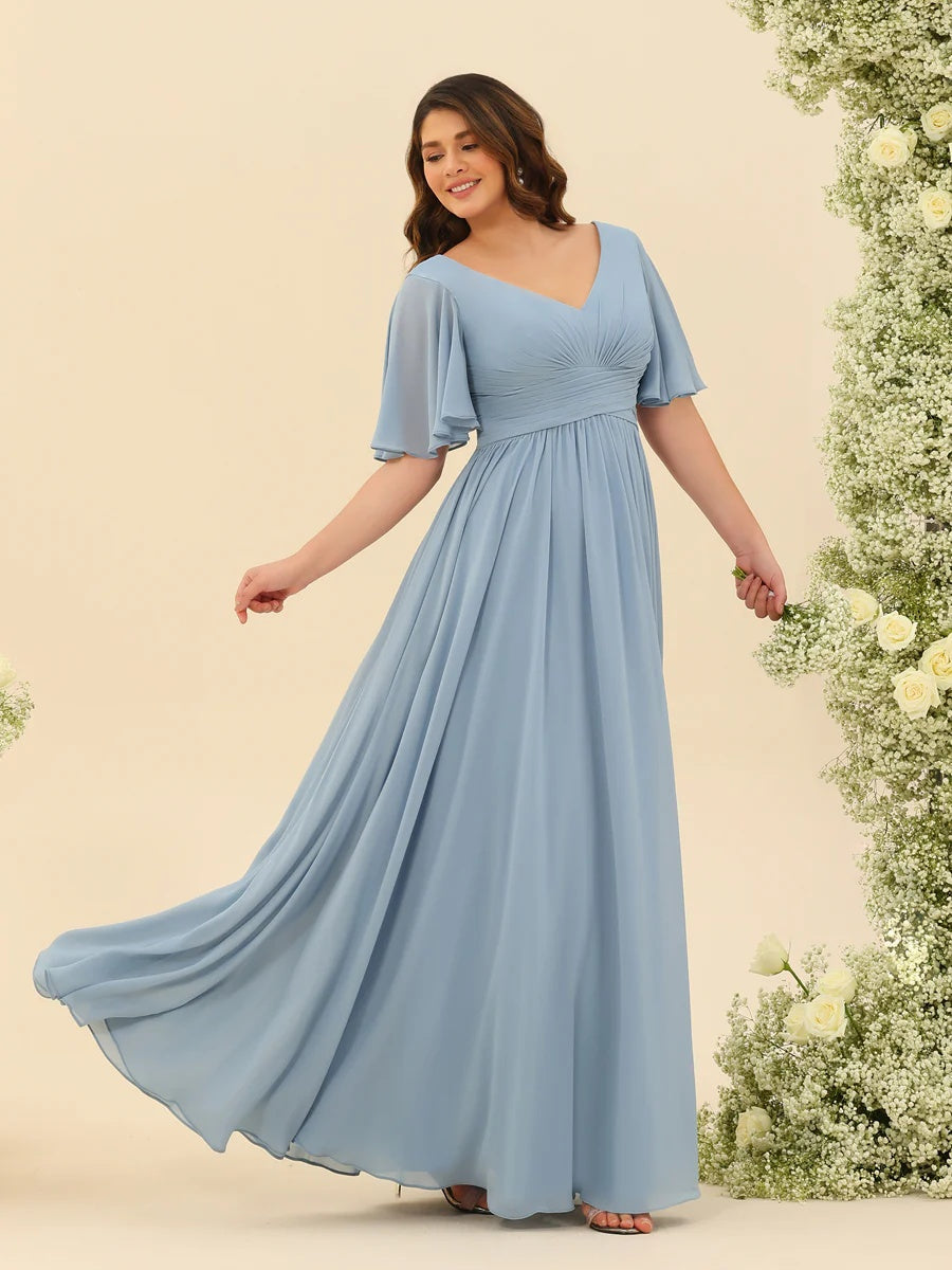 Plus Size Chiffon Bridesmaid Dress with V-Neck and Side Split in A-Line Cut