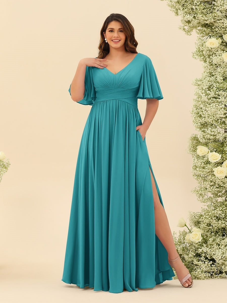 Plus Size Chiffon Bridesmaid Dress with V-Neck and Side Split in A-Line Cut