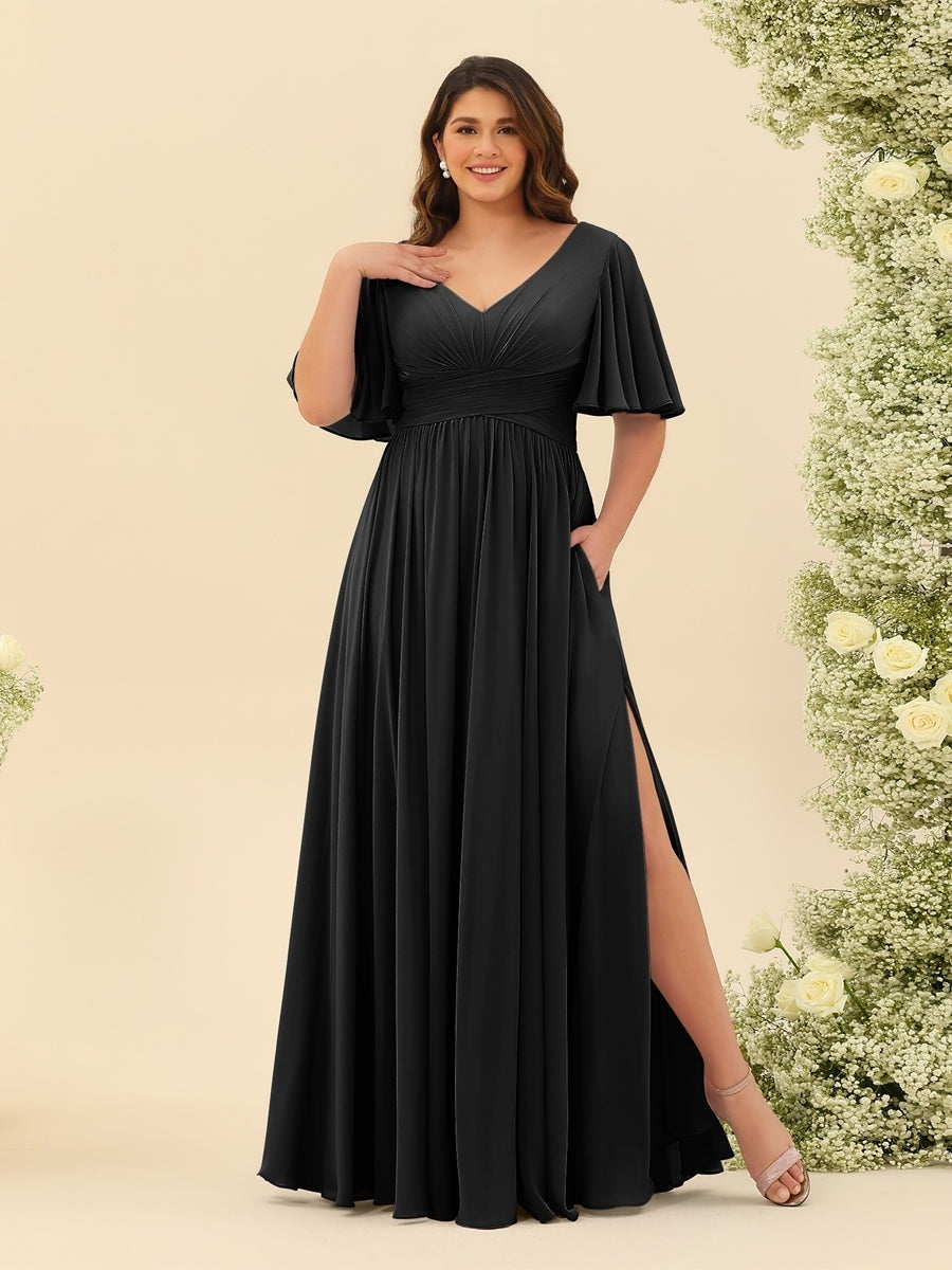 Plus Size Chiffon Bridesmaid Dress with V-Neck and Side Split in A-Line Cut