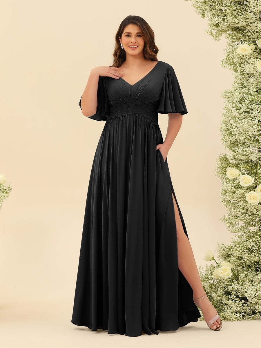 Plus Size Chiffon Bridesmaid Dress with V-Neck and Side Split in A-Line Cut
