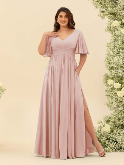 Plus Size Chiffon Bridesmaid Dress with V-Neck and Side Split in A-Line Cut