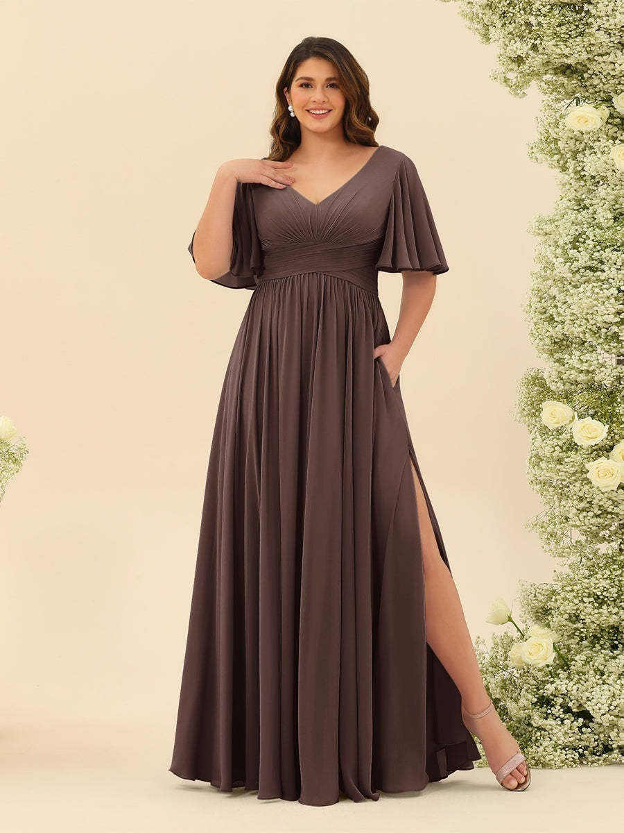 Plus Size Chiffon Bridesmaid Dress with V-Neck and Side Split in A-Line Cut