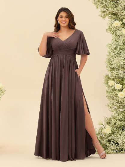 Plus Size Chiffon Bridesmaid Dress with V-Neck and Side Split in A-Line Cut