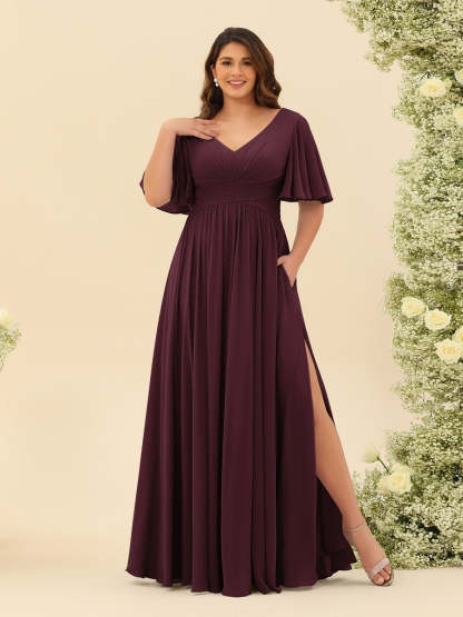 Plus Size Chiffon Bridesmaid Dress with V-Neck and Side Split in A-Line Cut