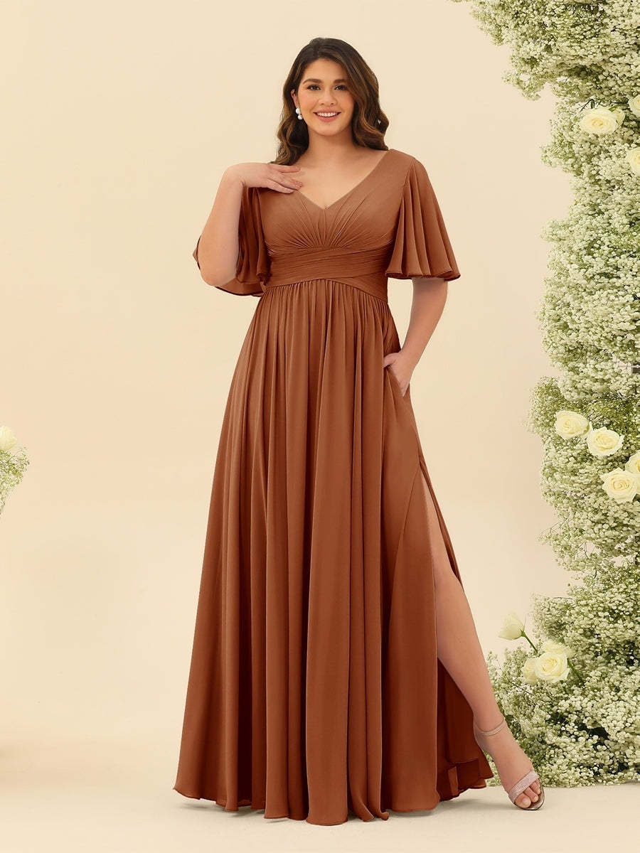Plus Size Chiffon Bridesmaid Dress with V-Neck and Side Split in A-Line Cut