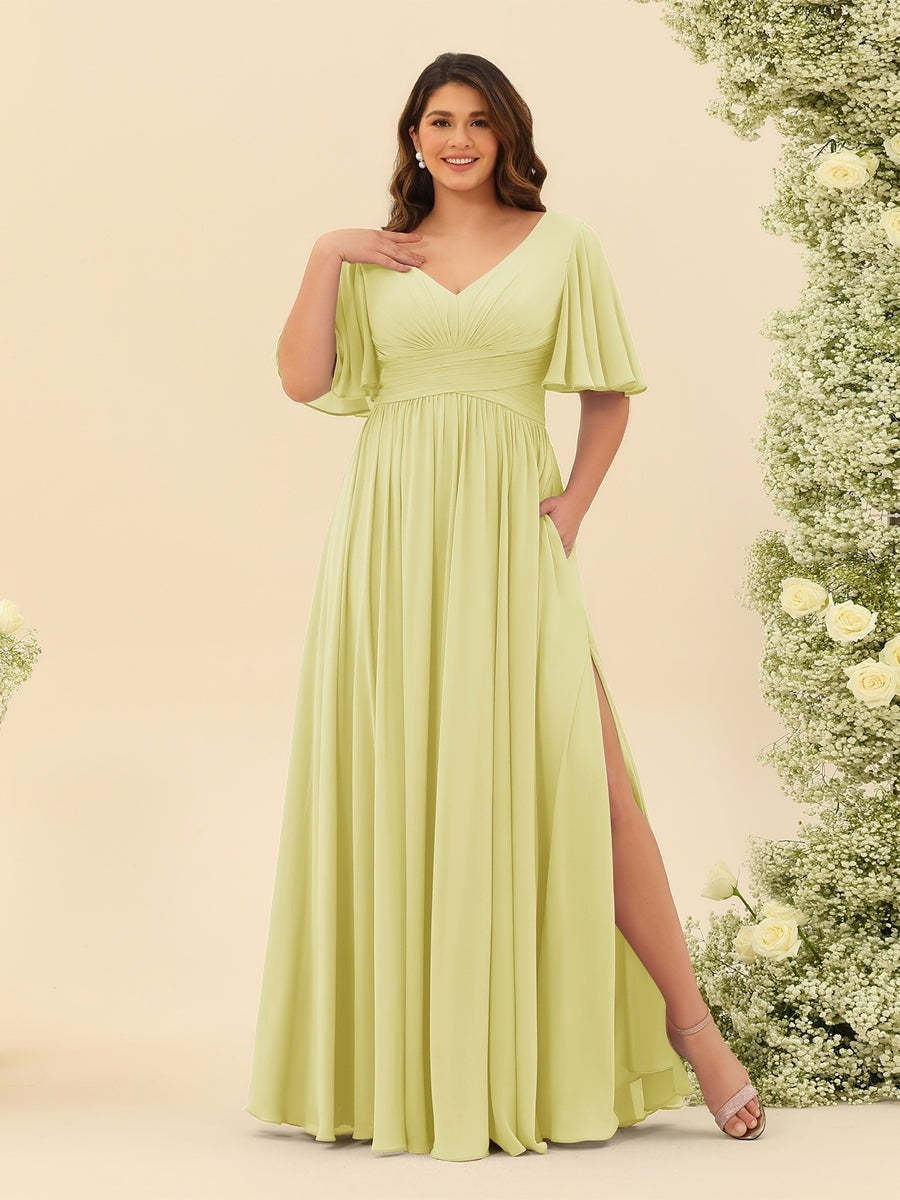 Plus Size Chiffon Bridesmaid Dress with V-Neck and Side Split in A-Line Cut
