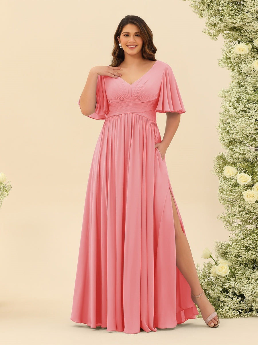Plus Size Chiffon Bridesmaid Dress with V-Neck and Side Split in A-Line Cut