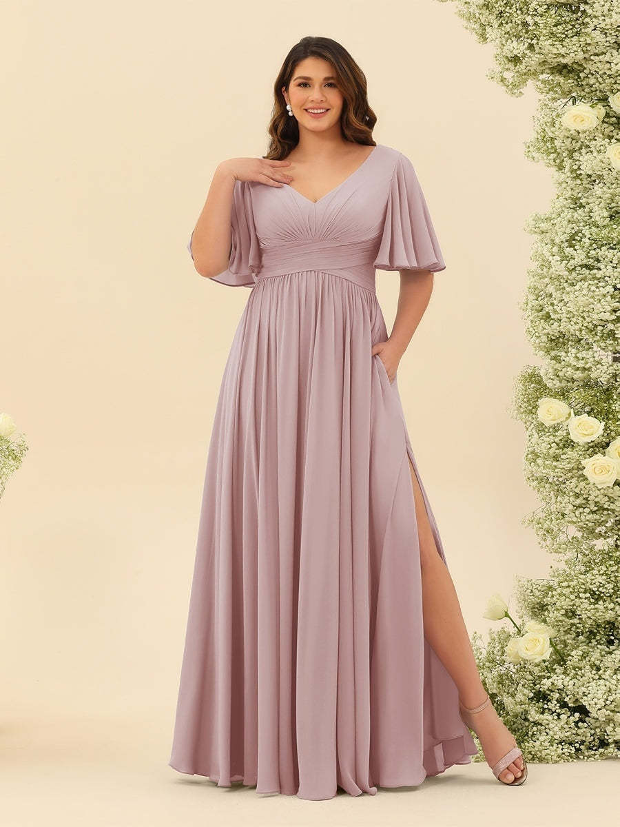 Plus Size Chiffon Bridesmaid Dress with V-Neck and Side Split in A-Line Cut
