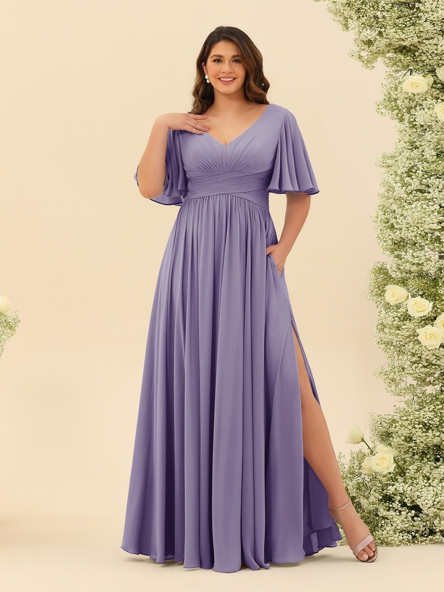 Plus Size Chiffon Bridesmaid Dress with V-Neck and Side Split in A-Line Cut