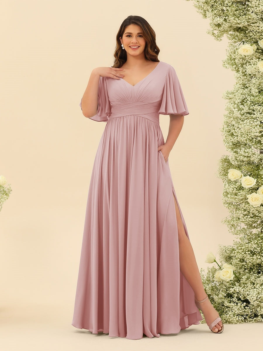 Plus Size Chiffon Bridesmaid Dress with V-Neck and Side Split in A-Line Cut