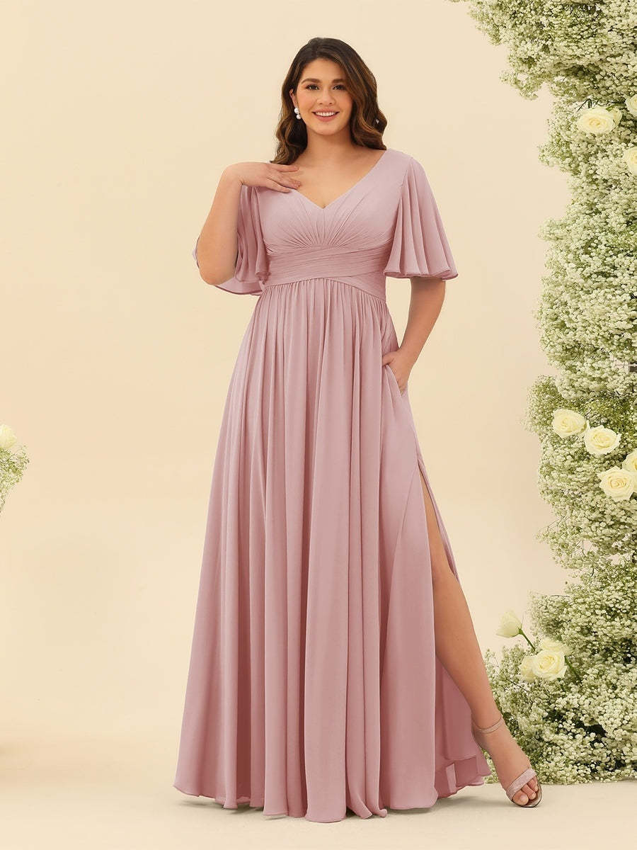 Plus Size Chiffon Bridesmaid Dress with V-Neck and Side Split in A-Line Cut