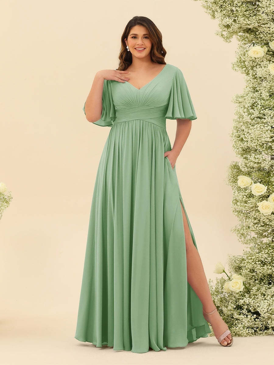 Plus Size Chiffon Bridesmaid Dress with V-Neck and Side Split in A-Line Cut