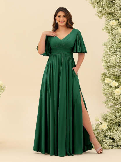 Plus Size Chiffon Bridesmaid Dress with V-Neck and Side Split in A-Line Cut