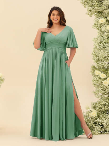 Plus Size Chiffon Bridesmaid Dress with V-Neck and Side Split in A-Line Cut