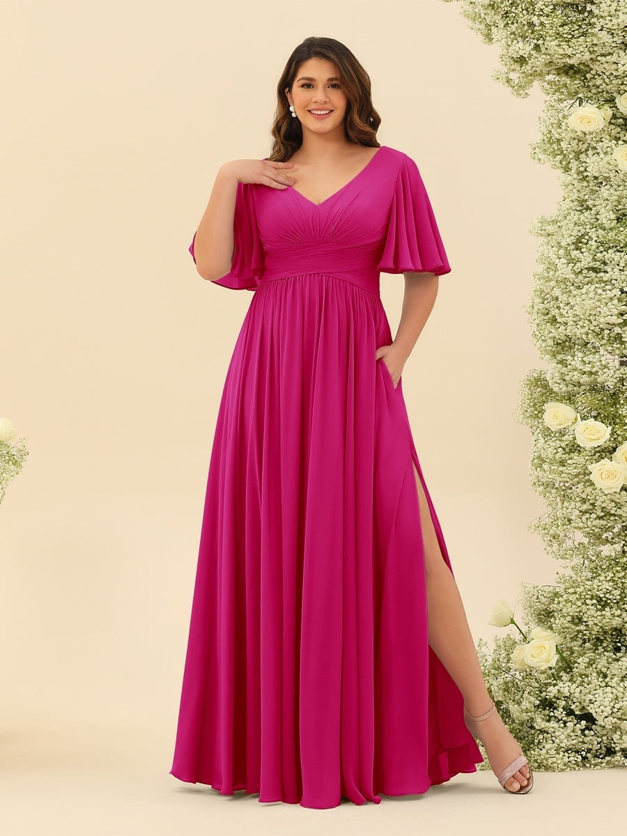 Plus Size Chiffon Bridesmaid Dress with V-Neck and Side Split in A-Line Cut