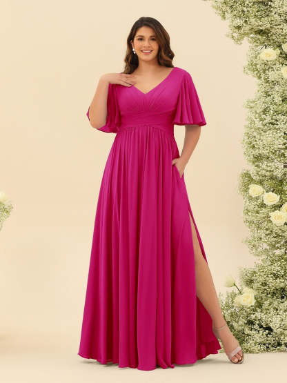 Plus Size Chiffon Bridesmaid Dress with V-Neck and Side Split in A-Line Cut