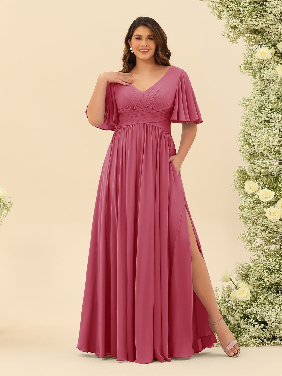 Plus Size Chiffon Bridesmaid Dress with V-Neck and Side Split in A-Line Cut