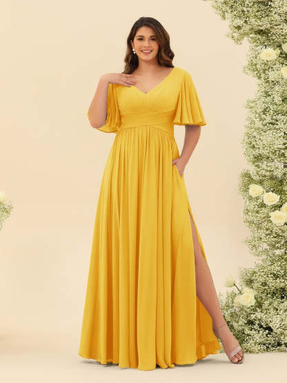 Plus Size Chiffon Bridesmaid Dress with V-Neck and Side Split in A-Line Cut
