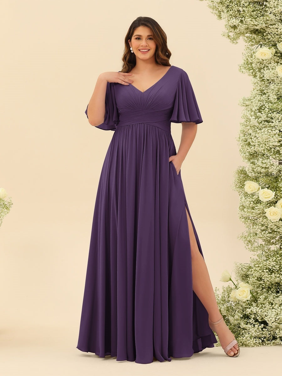 Plus Size Chiffon Bridesmaid Dress with V-Neck and Side Split in A-Line Cut