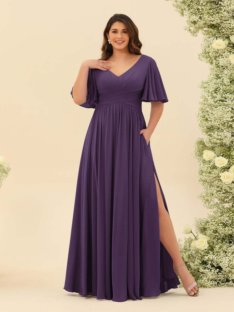 Plus Size Chiffon Bridesmaid Dress with V-Neck and Side Split in A-Line Cut